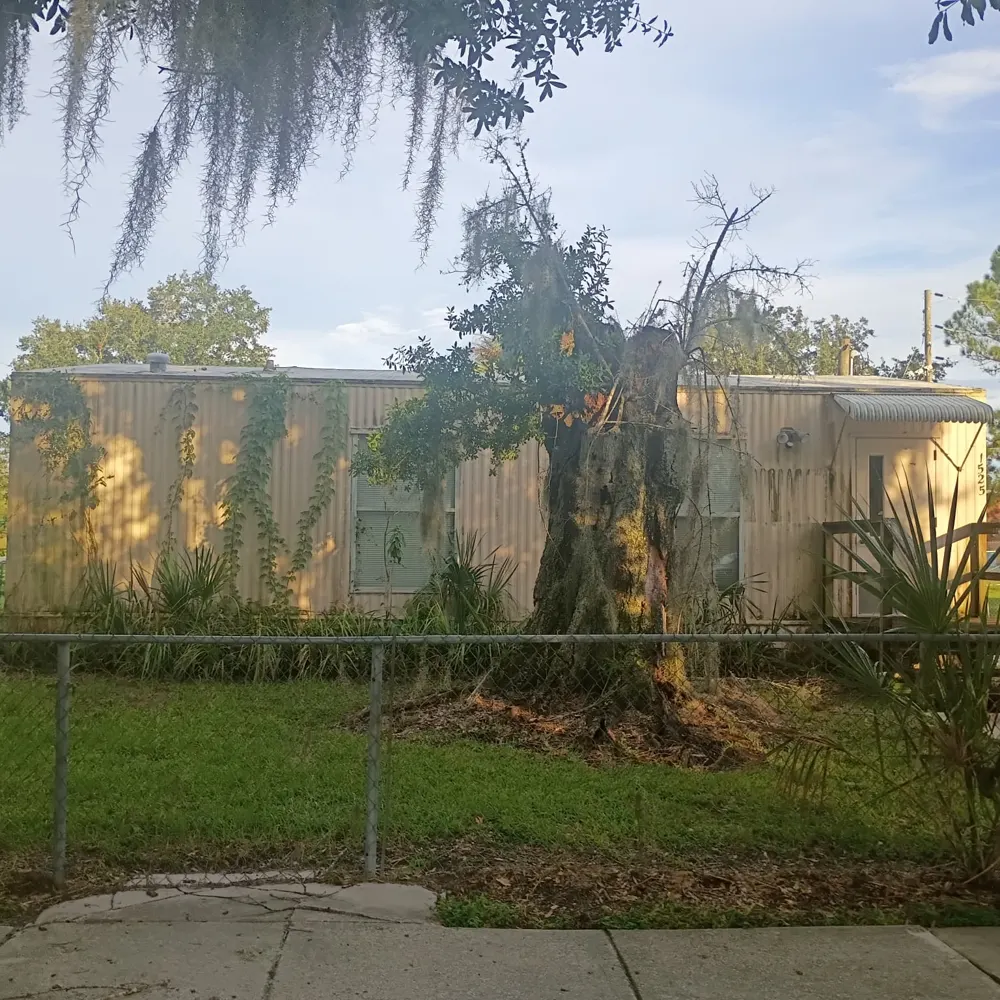 Front of the cream modular building, numbered 1525, with vines on the siding and a damaged oak tree beside it